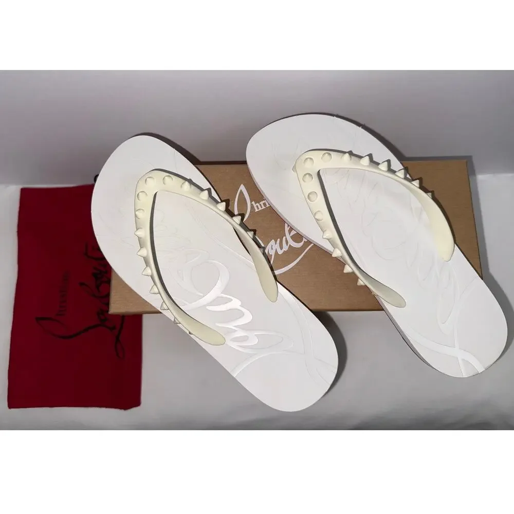Authentic Christian Louboutin White Loubi Spikes Rubber Flip Flops Size 38